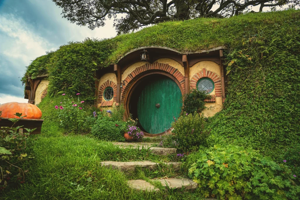 A Hobbit's hole, a house built into a mound with greeneries