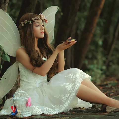 A fairy child in a wood with butterflies