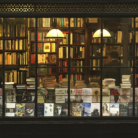 An antique bookshop window