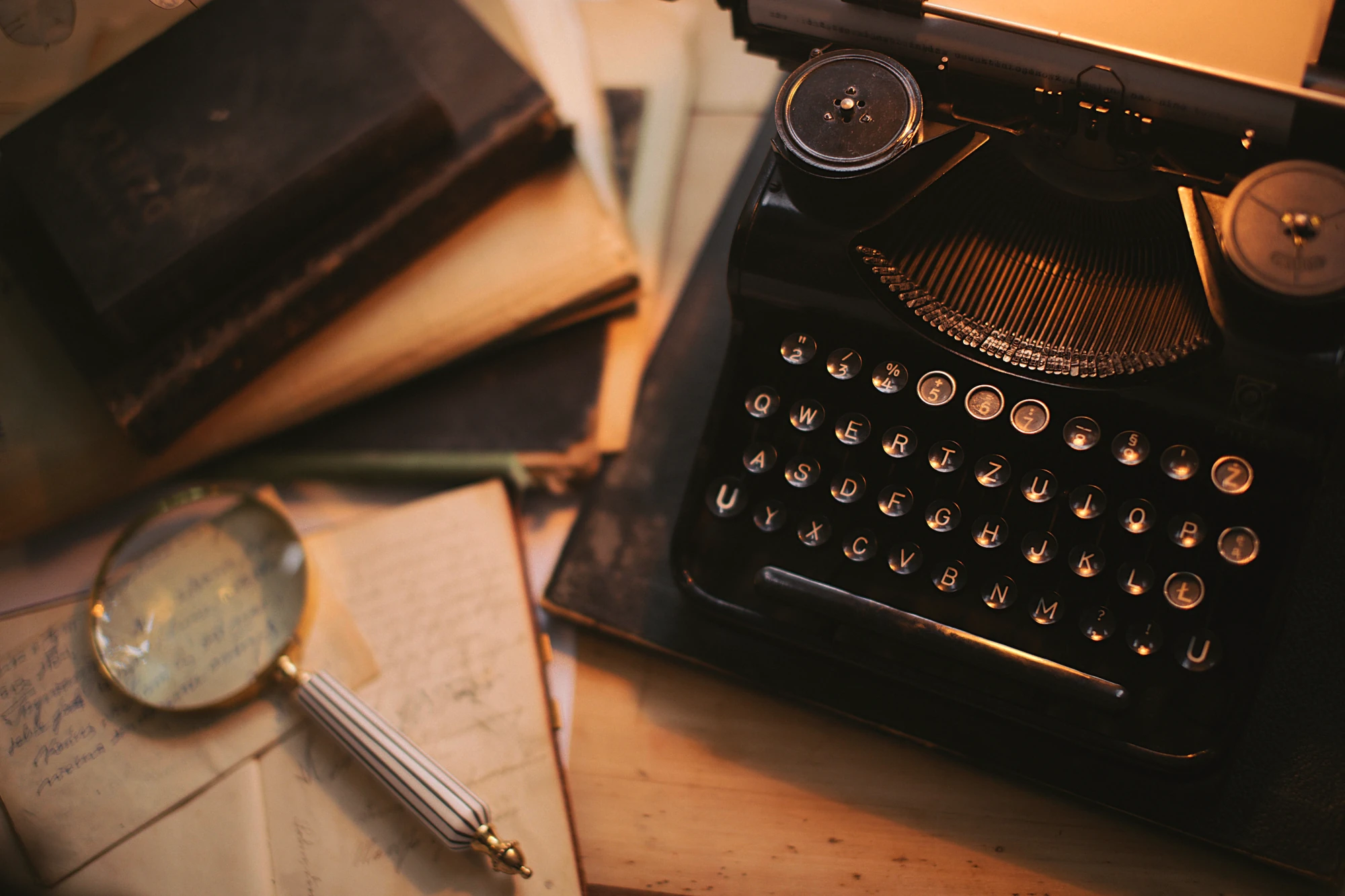Writing machine on a desk with a magnifier glass and literary papers